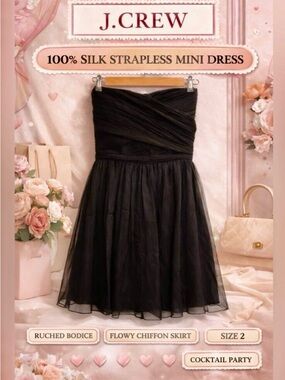 J. Crew 100% Silk Strapless Mini Dress Black Ruched LBD Wedding Cocktail SZ 2